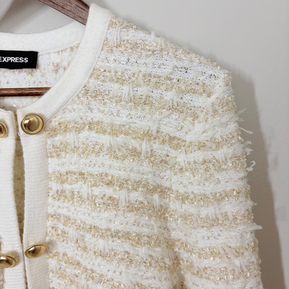 Express Womens M Lady Jacket Cream Gold Tweed Knit Cardigan Old Money Classic - Picture 5 of 13